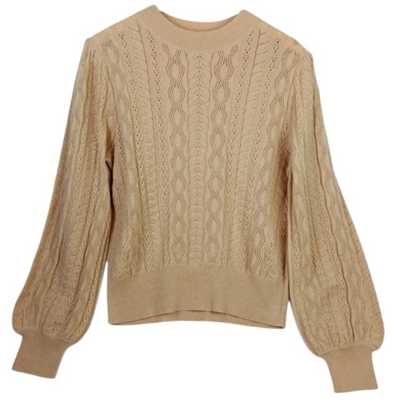 Demylee x J. Crew Limited Edition Pointelle Puff Sleeve Wool Sweater Camel MED - Picture 3 of 14